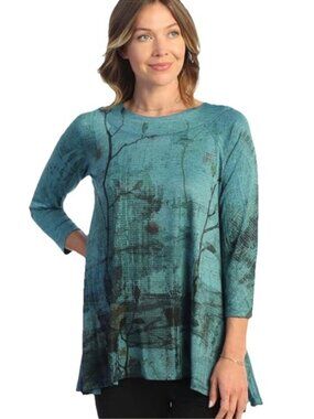 Jess & Jane Jasmine Raglan Tunic L Slinky Teal Tree Landscape Print A-line Silky